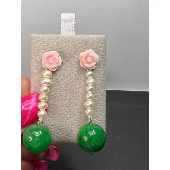 Green Jade flowers and pearl sterling silver earrings - Picture 9 of 11